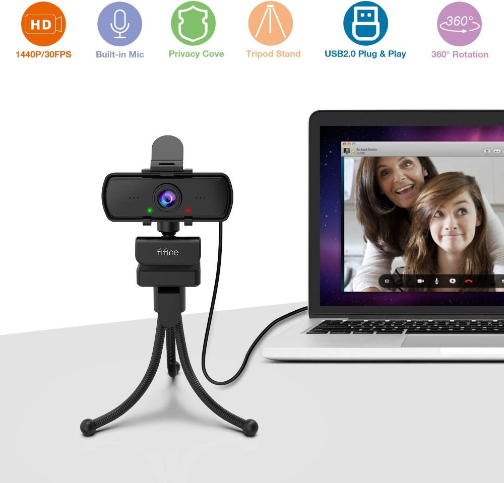 Fifine K420 Webcam 1440P, 2K Web Camera with Privacy Cover & Tripod for Laptop Desktop, Plug & Play 4MP HD USB Webcam with Built-in Mic for Live Streaming, Zoom Meeting, Online Class, Video Calling