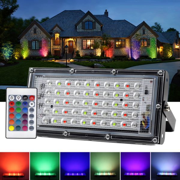 RGB LED Flood Light- Remote Controlled IP66 Waterproof Landscape & Outdoor Lighting (50W, AC220V) – Black Color - Image 5